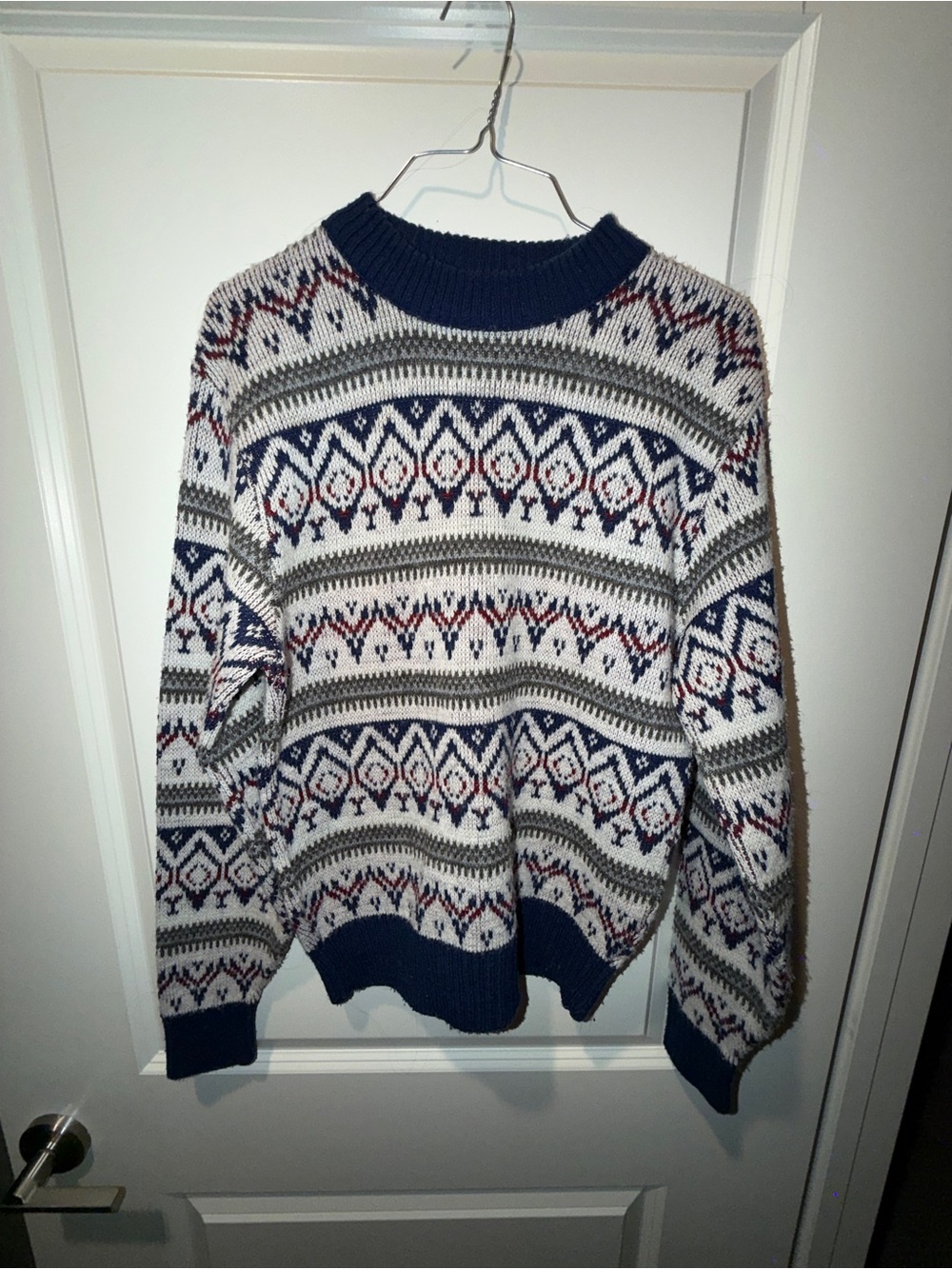 Men's Crewneck Fair Isle Sweater in Navy, White & Gray. Seasonal